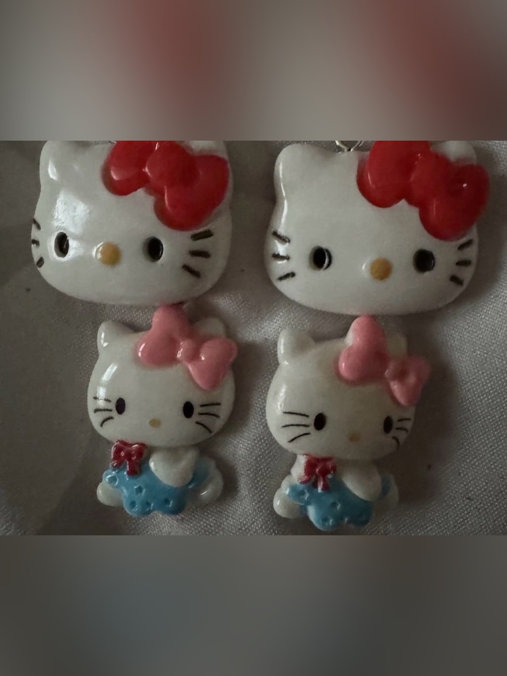 Hello Kitty White Resin Earrings with Pink Bows and Blue Dresses